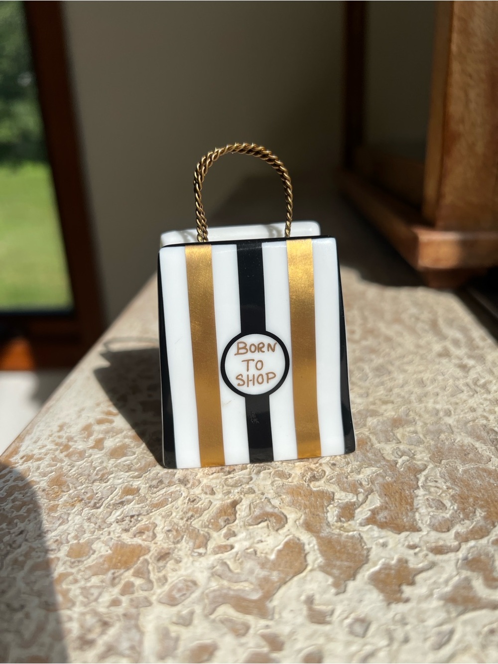Limoges Porcelin Striped Decorative Trinket Bag - Black, White & Gold